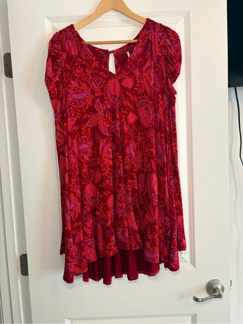 Free People | Hello Lover Red & Pink Floral High-Low Long Sleeve Tunic Dress - Picture 2 of 7